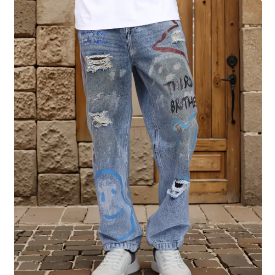 Shein Full Length Placement Print Acid Wash Distressed Jeans